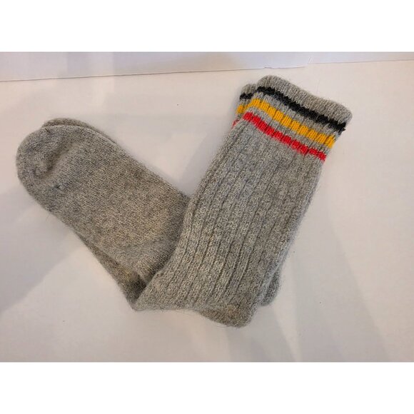 Vintage Heavy Grey Wool Ragg Socks With Striped Cuffs L - Picture 1 of 7